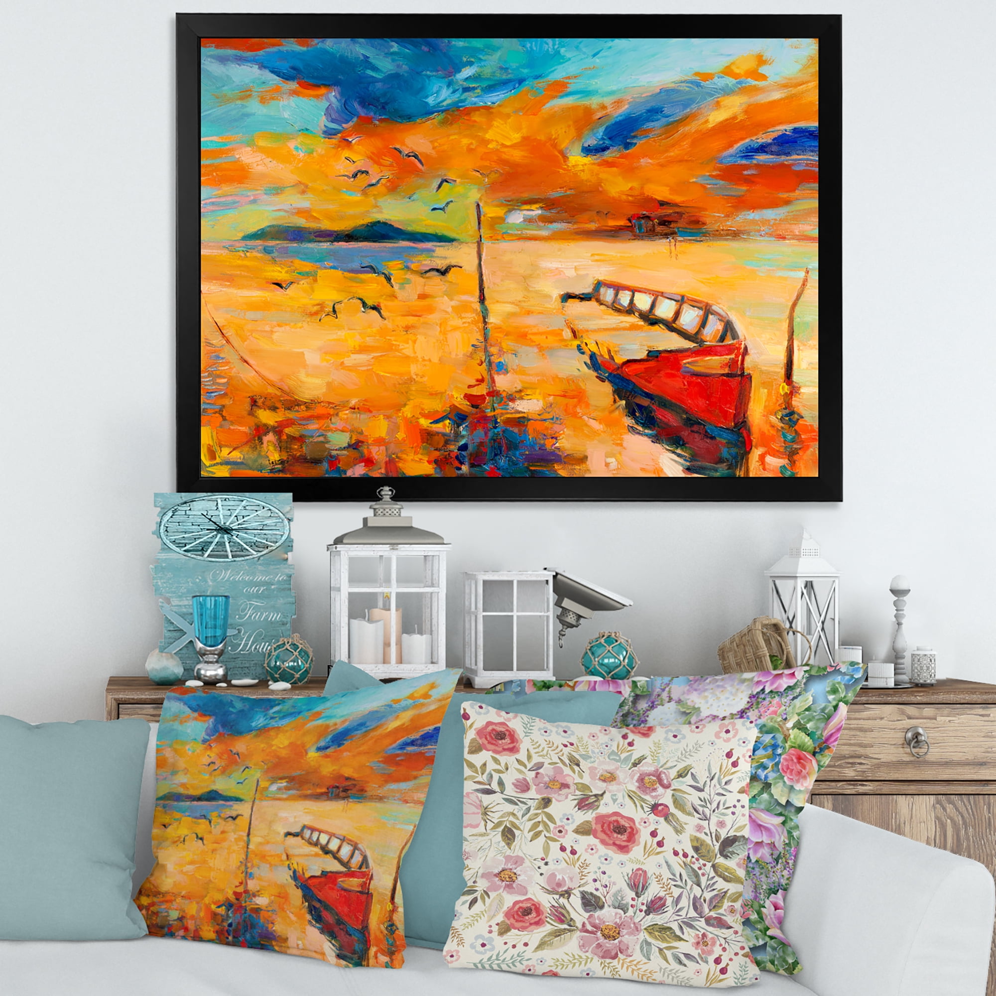 Boat At The Lake During Evening Glow VIII 32 in x 24 in Framed Painting Canvas Art Print, by Designart