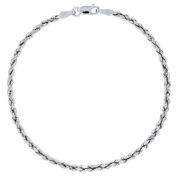 Nuragold 14k White Gold 2.5mm Rope Chain Diamond Cut Bracelet or Anklet (7"-9") Italian Jewelry for Men & Women