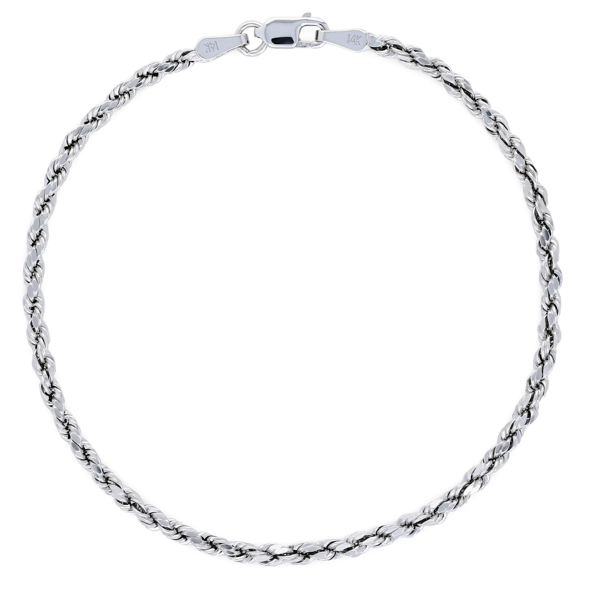 Nuragold 14k White Gold 2.5mm Rope Chain Diamond Cut Bracelet or Anklet (7"-9") Italian Jewelry for Men & Women