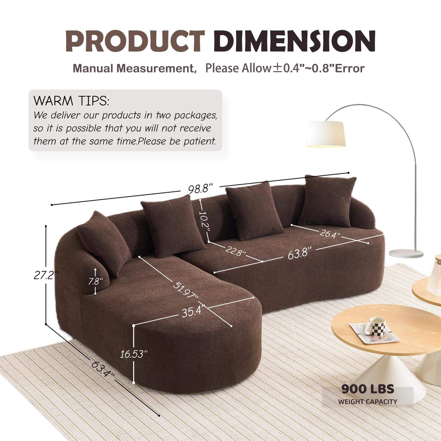 Demi Bonn 98" Cozy L-Shape Sectional Sofa with Curved Chaise, High-Density Foam, Chenille Modular Couch for Living Room, Supports 900 lbs, Brown