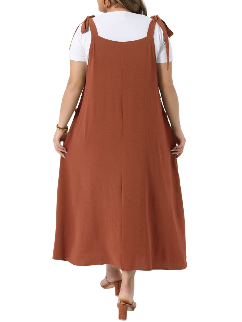 plus size brown overall dress Agnes Orinda Women's St. Patrick's Day Pinafore Tie Shoulder Strap Pleated Jumper Dress Casual Dress with Pockets 2X Khaki Color:Pale Turquoise