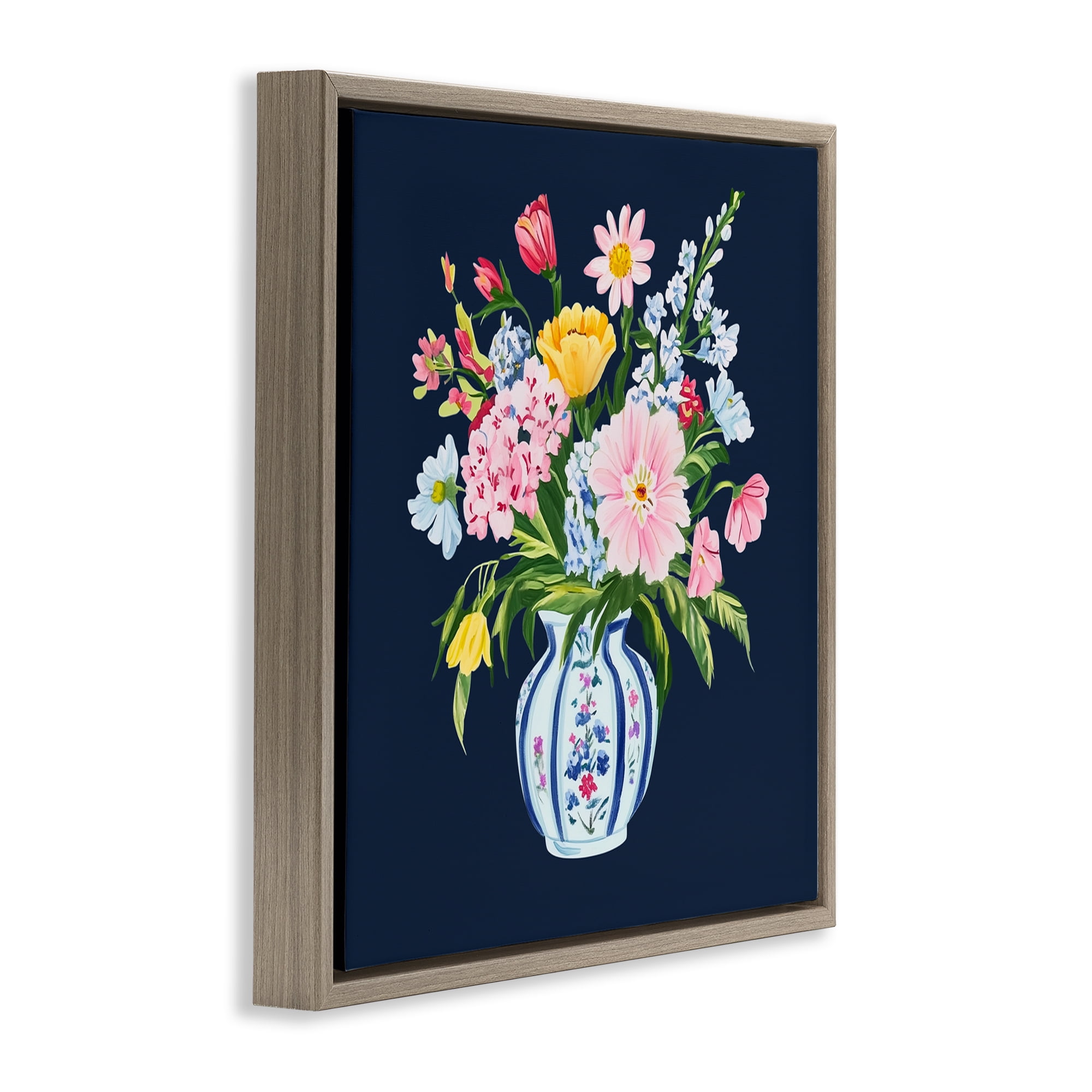 Spring Elegance Chinoiserie Vase Brown Framed Floater Canvas Wall Art, design by Yen