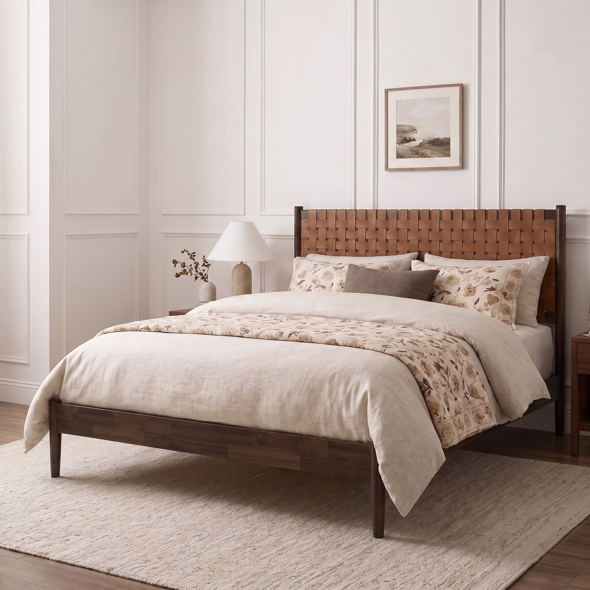 Euroco Solid Acacia Wood Queen Size Platform Bed, Mid-Century Modern Style Bed with Hand-Woven Vegan Leather Headboard, No Box Spring Needed, Dark Brown