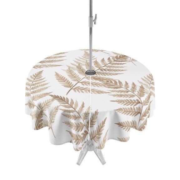 Outdoor Tablecloth with Umbrella Hole Zipper Brown Ferns Round Tablecloth 54" Waterproof Outside Table Cloth Spring Summer Botanical Leaves Patio Table Cover Tablecloths for Picnic Party