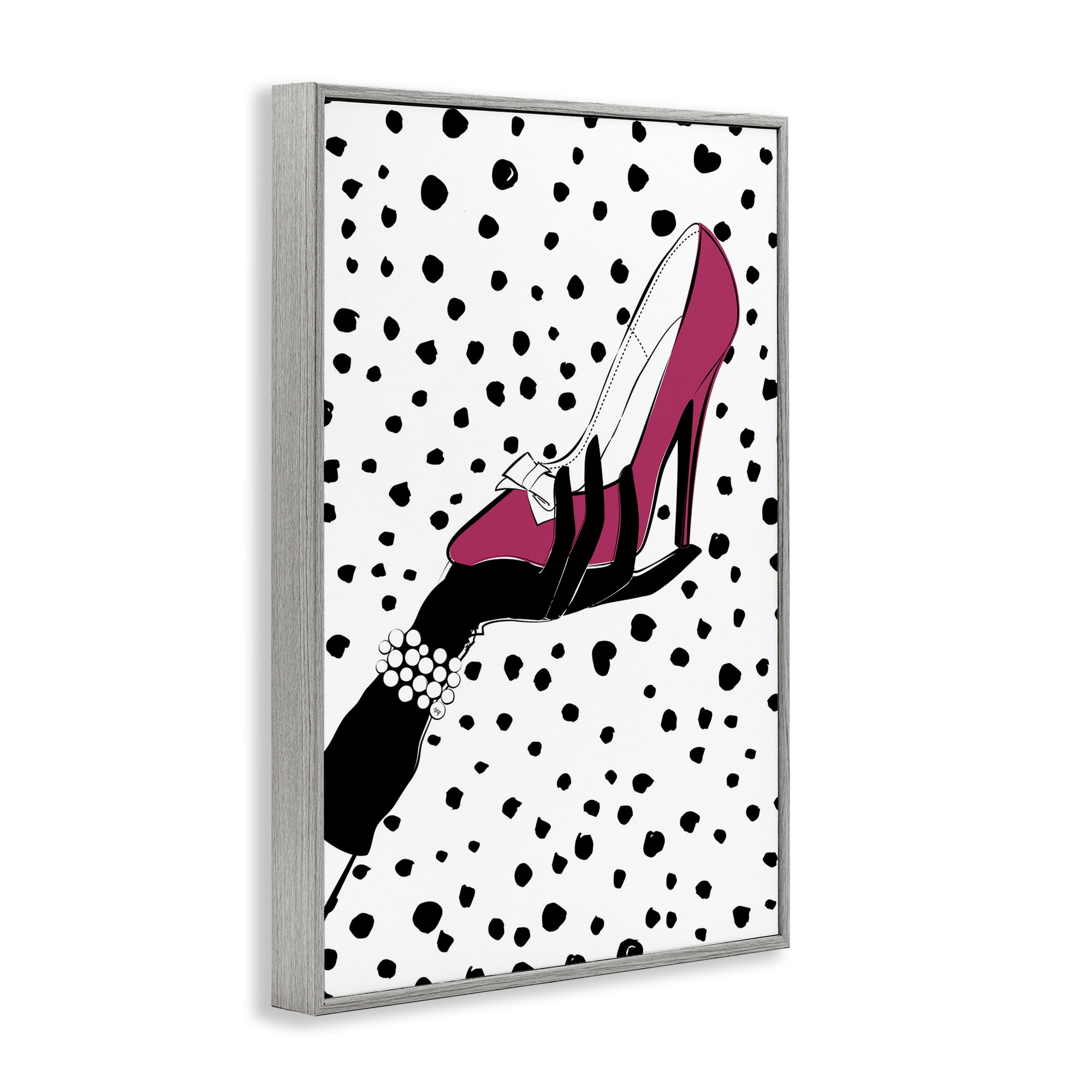 Stupell Industries Pink Shoe with Dots Beauty & Fashion Painting Gray Framed Art Print Wall Art, 20 x 30