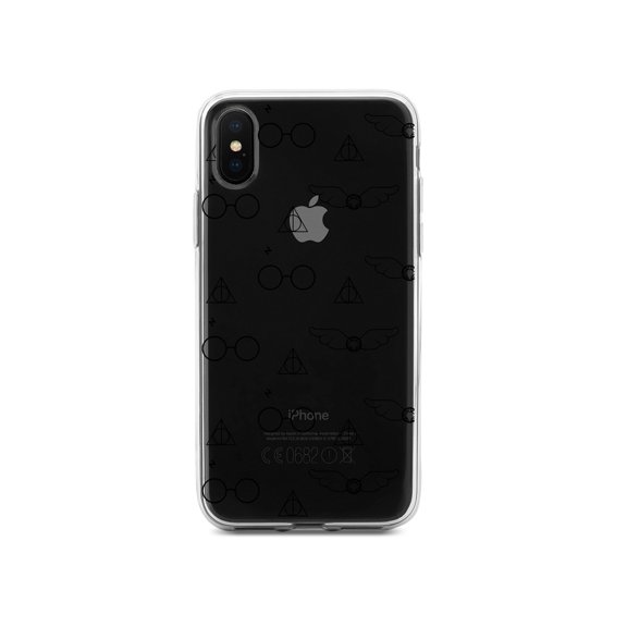 DistinctInk Clear Shockproof Hybrid Case for iPhone XS Max (6.5" Screen) - TPU Bumper, Acrylic Back, Tempered Glass Screen Protector - Round Glasses with Symbol and Snitch