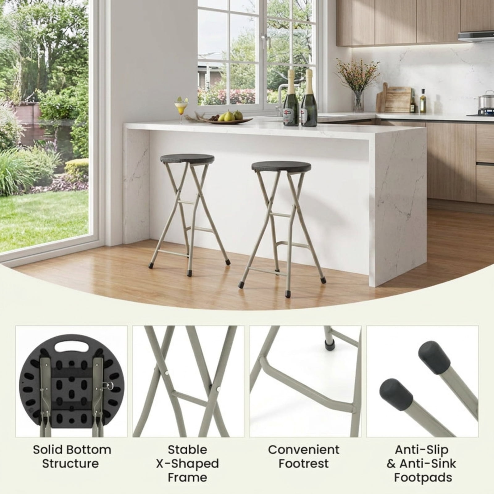 Biotree 28 Inch Portable Folding Stools with 330lbs Limited Sturdy Frame Stackable Patio Chair for Garden Backyard, Black