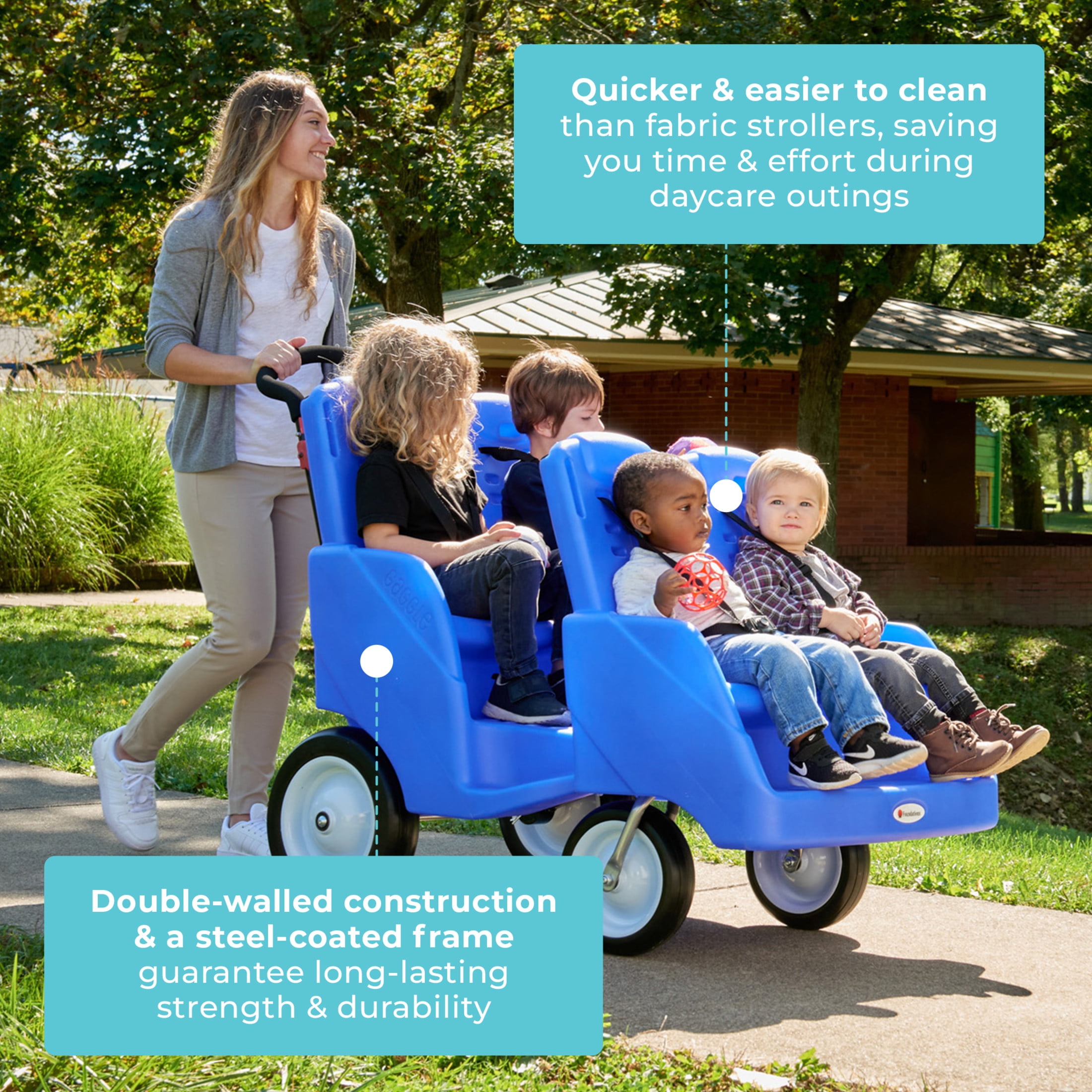 Foundations Gaggle Parade 4-Seat Buggy Stroller, Durable Quad Daycare Stroller with Safety Harness, Blue