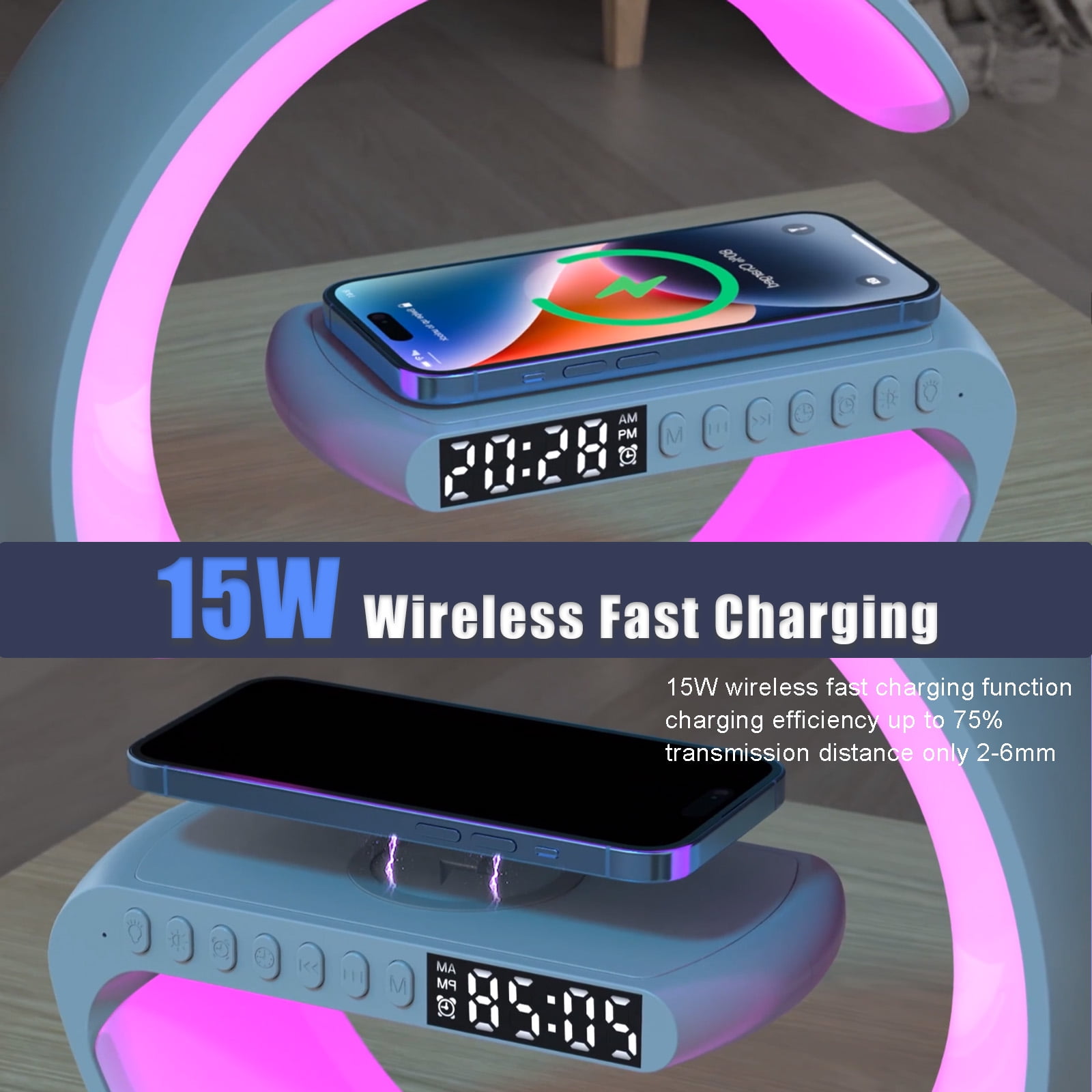 【Ueasy】Small G - Shaped Multifunctional Bluetooth Speaker - 256 Lighting Modes, Alarm, Night Light, Wireless Charge, Call Answer