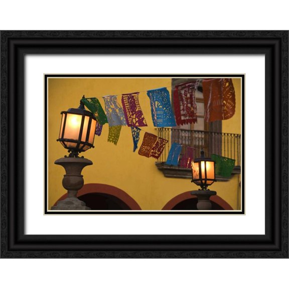 Rotenberg, Nancy 32x23 Black Ornate Wood Framed with Double Matting Museum Art Print Titled - Mexico Lantern with string of flags on them