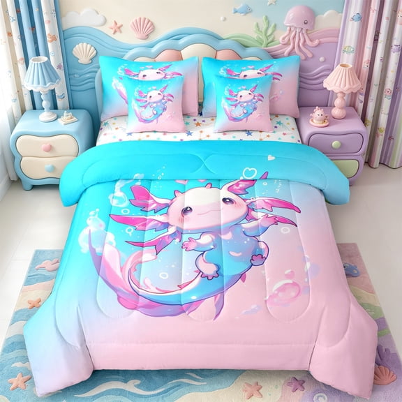 Manfei Rainbow Axolotl 7-Piece Twin Bedding,Watercolor Ocean Animal Bedding Comforter Set,Colorful Stars Reversible