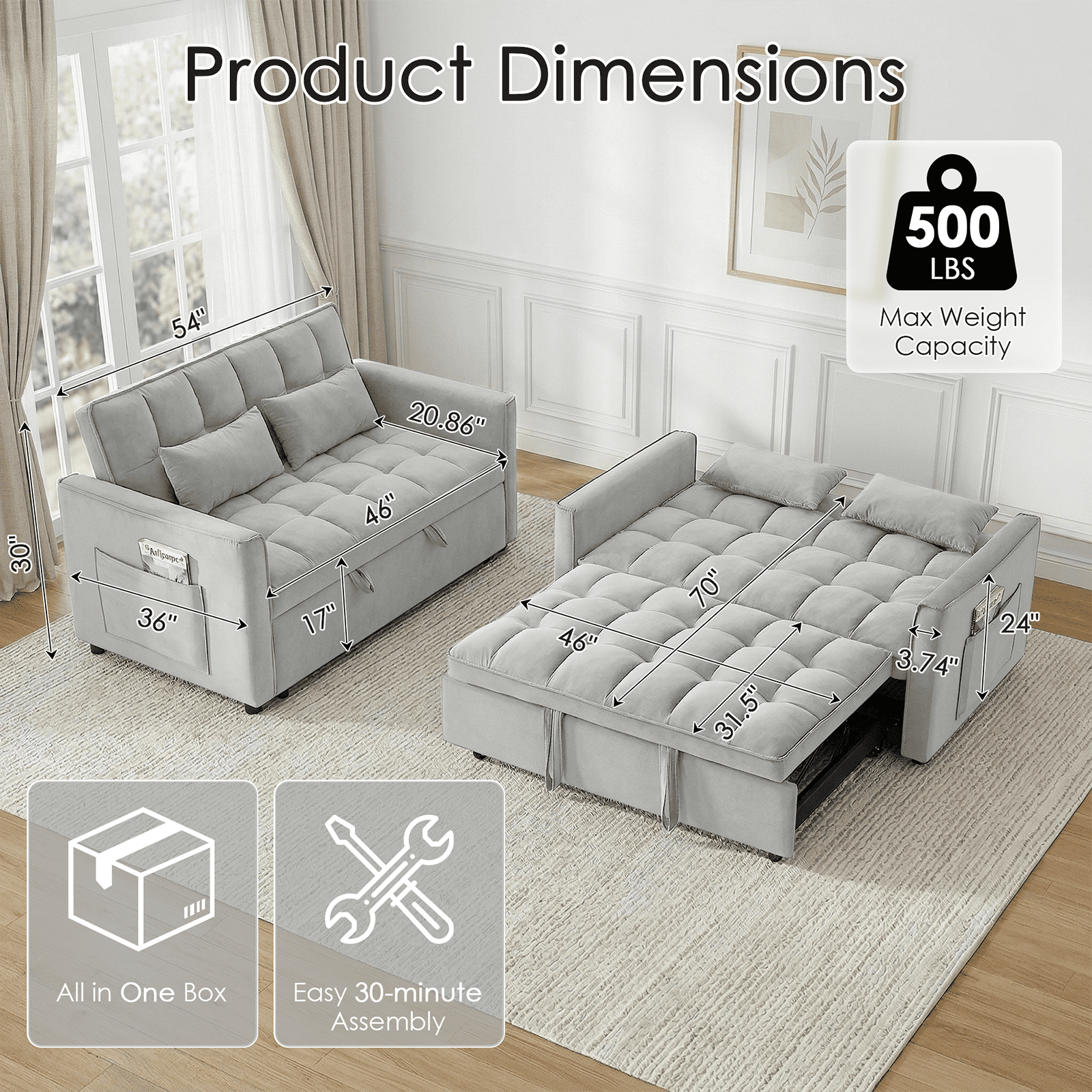Amuille 3 in 1 Convertible Sleeper Sofa Bed, 54" Velvet Fabric Loveseat, Pull Out Couch for Living Room and Apartment (Light Gray)