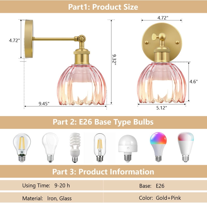 GCGAFUL Vintage Battery Operated Wall Sconce with Tulip Glass Lampshade, USB Rechargeable Battery Powered Wall Light for Bedside Bedroom Doorway Living Room，Set of Two