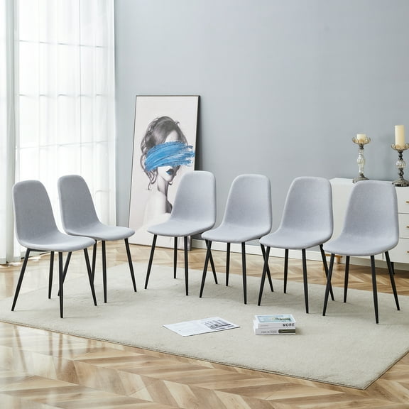 Set of 6 Light Gray Dining Chairs, Linen-Cotton Material with Integrated Seat & Backrest for Modern Home