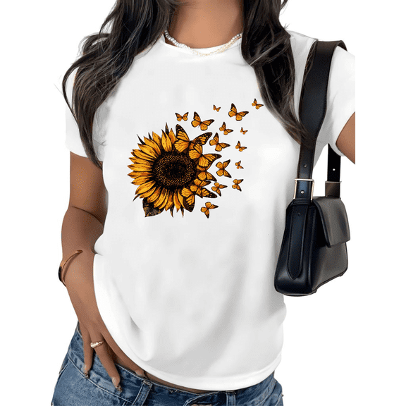 UNISHE Women's Sunflower Turning Into Monarch Butterflies Graphic Tee Nature Inspired Metamorphosis Art Cotton Short Sleeve Top