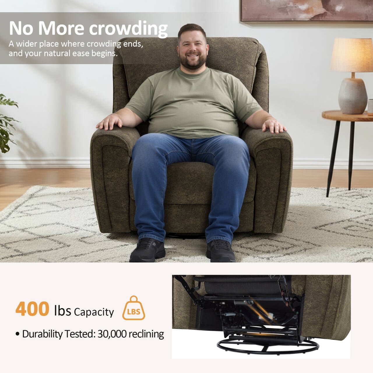 MCombo 400lbs Oversized Swivel Rocker Power Recliner Chair for Big and Tall People, Fabric, Brown