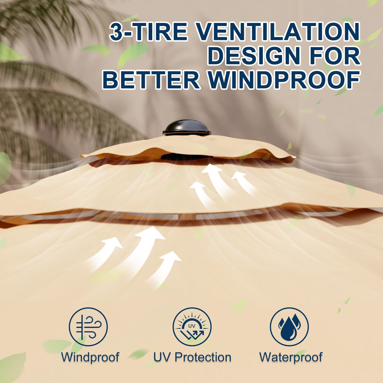 9FT 3-Tier Aluminum Outdoor Patio Umbrella, Fade-Resistant Market Umbrella with Push Button Tilt Function, 8 Sturdy All-Aluminum Ribs for Gardens, Patios, Backyards & Pools (Beige)