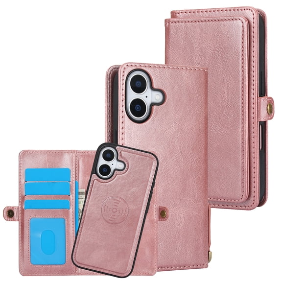 Allytechgroup 2 In 1 Wallet Case for Apple iPhone 17, Detachable Magnetic Case Compatible with Magsafe Cards Slots RFID Blocking Phone Case for Women Men, Rosegold