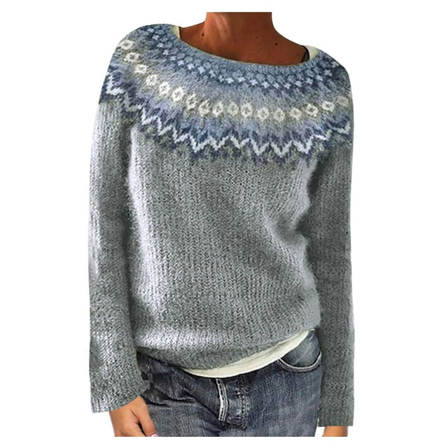 Fartey Chandail Vintage Tricoté pour Femmes, Manches Longues, Col Rond, Décontracté, Automne Hiver, Gris P-2TG