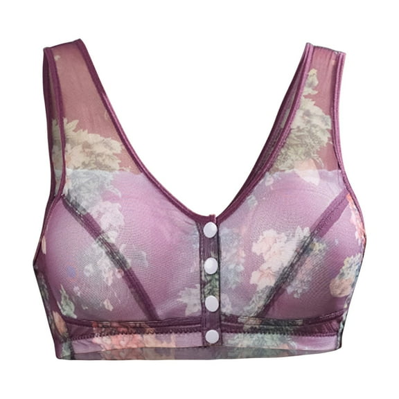 Womens Lace Everyday Bras, Front Closure Bras for Women Plus Size No Wire Bra for Senior Convenient Light Shaping Daisy Bras for Older Women 36-48