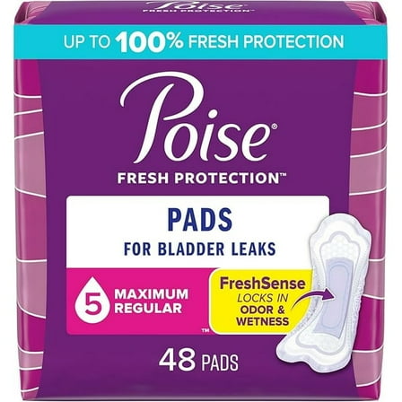 Poise Incontinence Pads & Postpartum Incontinence Pads, 5 Drop Maximum Absorbency, Regular Length, 48 Count