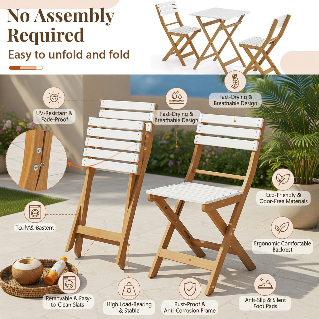 Hommoo 3-Piece Foldable Acacia Wood Patio Bistro Set, Outdoor Chairs + Square Table, Space-Saving Design for Porch, Deck & Garden, Natural