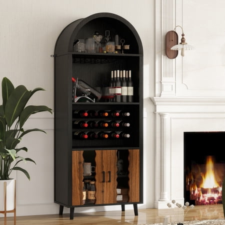 FFZ 71" Farmhouse Arched Wine Bar Cabinet with Wine Rack & Glass Holder, Black+Natural