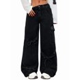thumbnail image 3 of Women'S Ribbon Tie Detail Utility Style Jeans Casual Straight Wide Leg Denim Trousers Black XS, 3 of 9