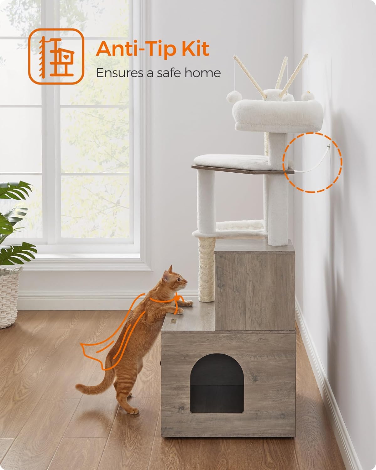 Favory Cat Tree with Litter Box Enclosure, 59-Inch Modern Cat Tower, 2-in-1 Condo with Scratching Posts, Washable Removable Cushion, Greige UPCT113G01