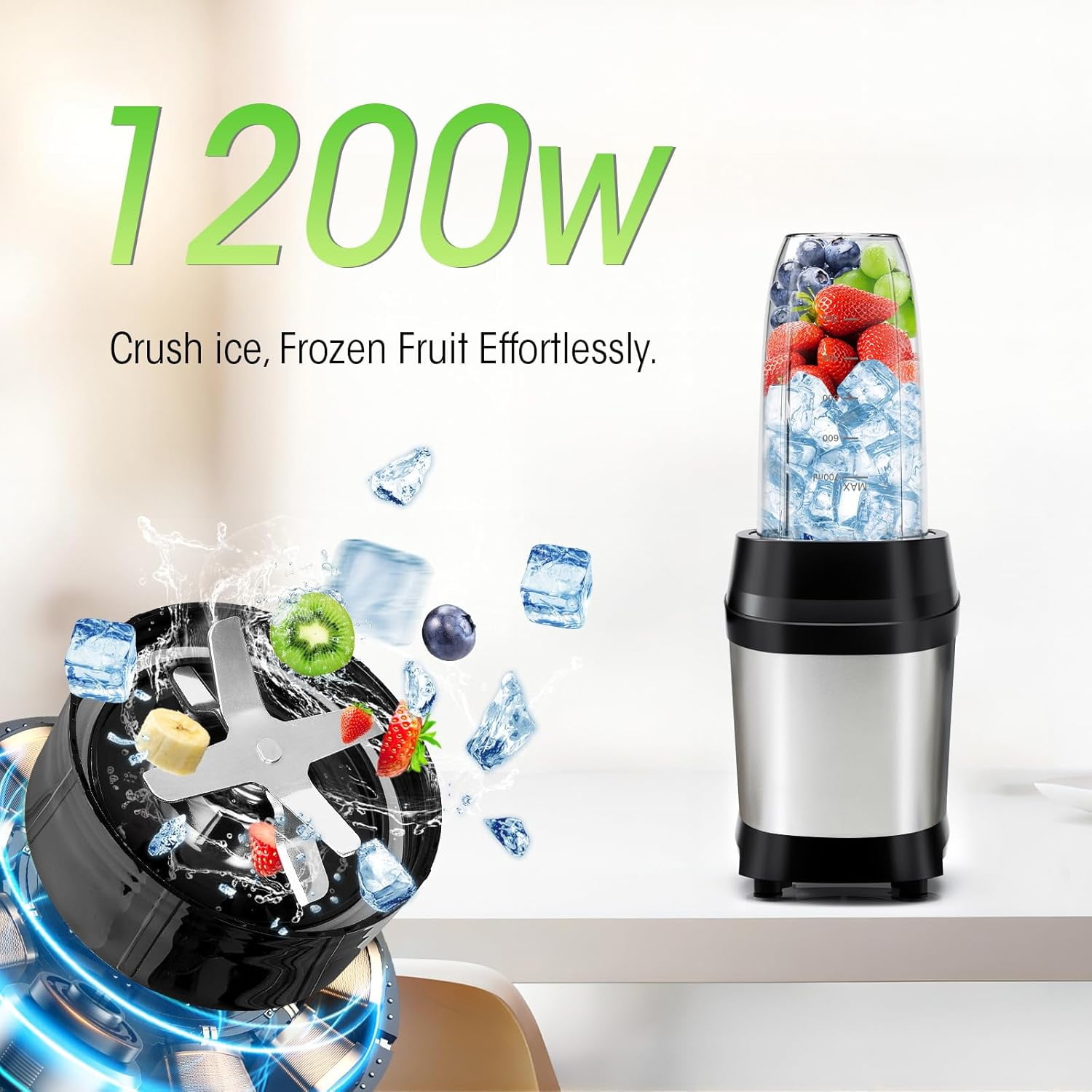 1200W High-Performance Blender with 2 6-Fin Blades, Ice Crushing Smoothie Blender for Home & Office