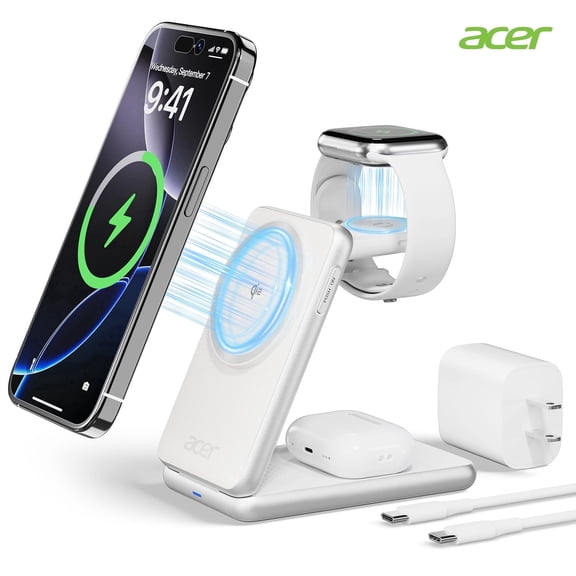 Acer 3 in 1 Charging Station Compatible for iPhone, Wireless Charger Stand, 15W Fast Magnetic Charger - iPhone, Apple Watch and Airpods, White
