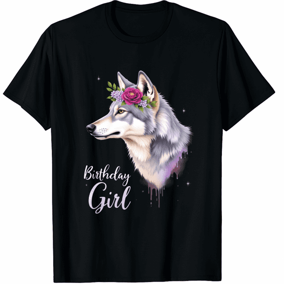 Wolf with Flowers for the Birthday Girl T-Shirt for Men Women