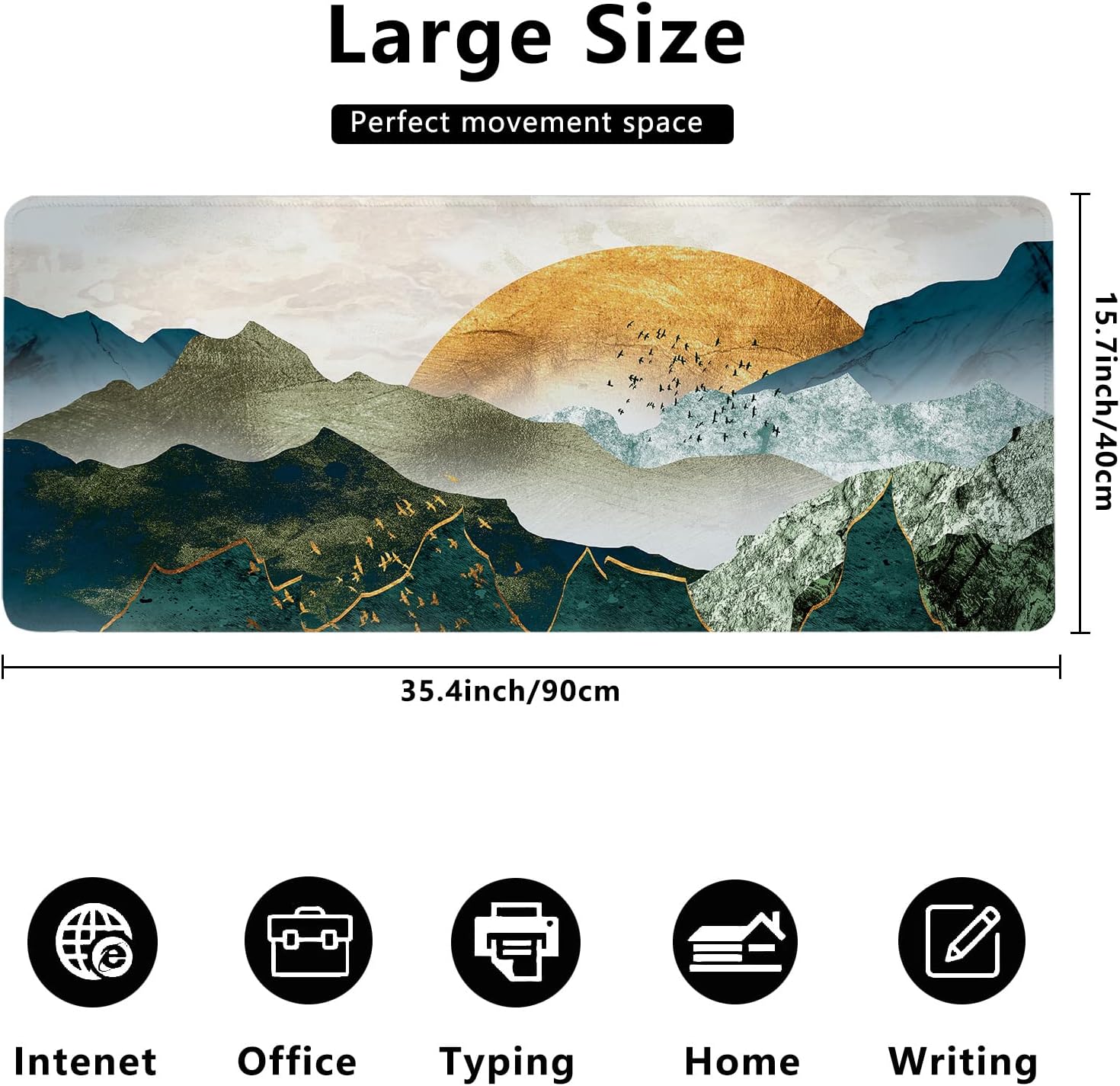 Desk Mat,The Green Golden Mountains by Sunset Extended Gaming Mouse Pad,Large Non-Slip Rubber Base Mousepad with Stitched Edges,Waterproof Mouse Mat Desk for Office Game Home 35.4x15.75 in