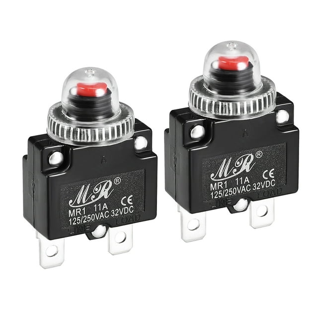 Interruptores automáticos térmicos 11A 125/250V AC 32V DC con botón de reinicio, protectores de sobrecarga con tapa impermeable, 2 piezas