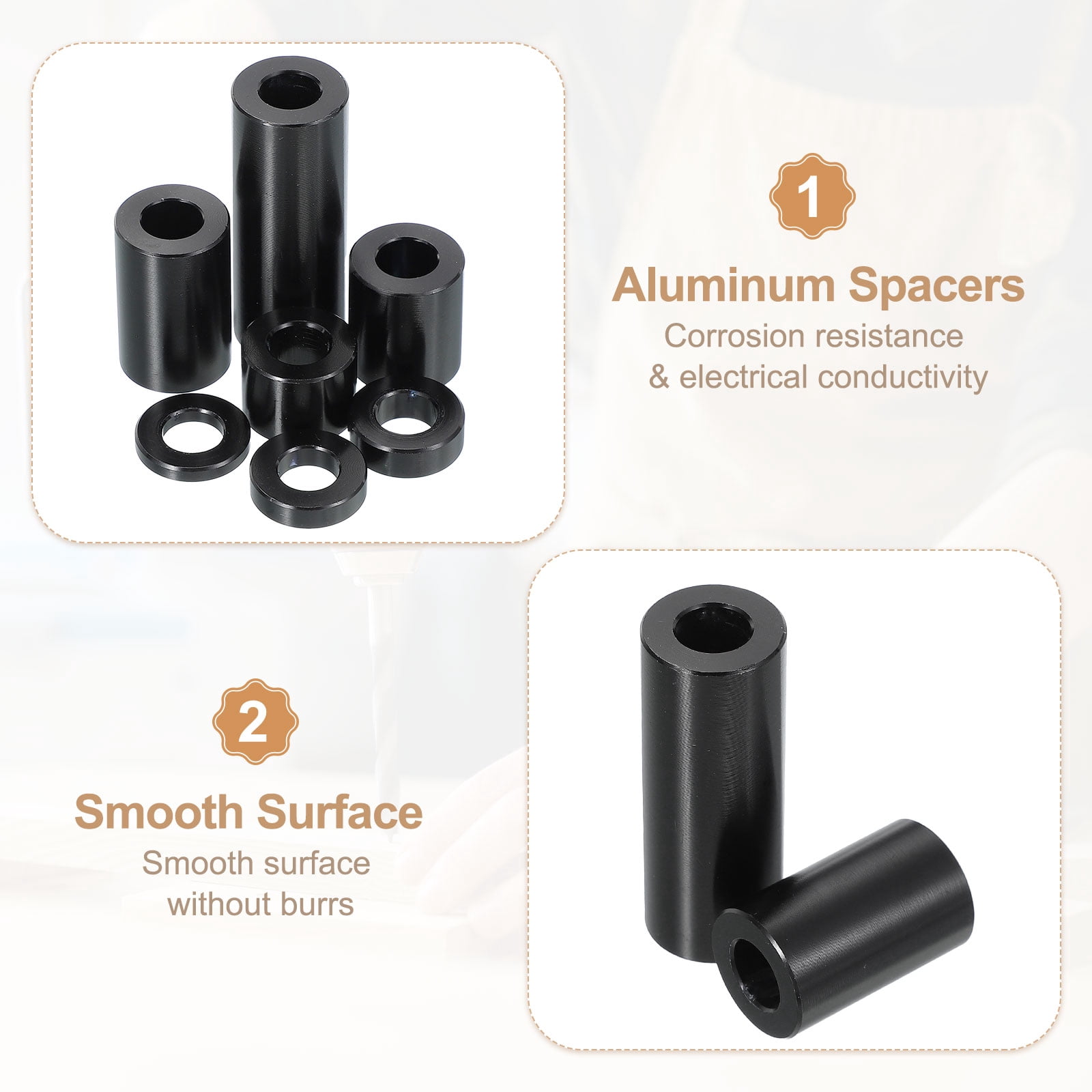 12PCS Aluminum Spacers, 3/8" x 3/4" Metal Spacers Aluminum 1-1/4" L Spacer Screw Standoff Round Unthreaded Standoff Bushing for 3/8inch Screw Bolts, Black