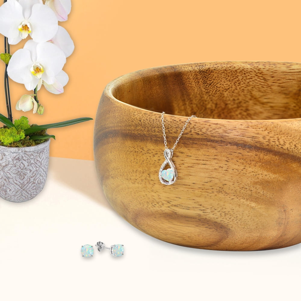 Sterling Silver Simulated White Opal & Diamond Accent Infinity Heart Pendant Necklace & Stud Earrings Jewelry Set