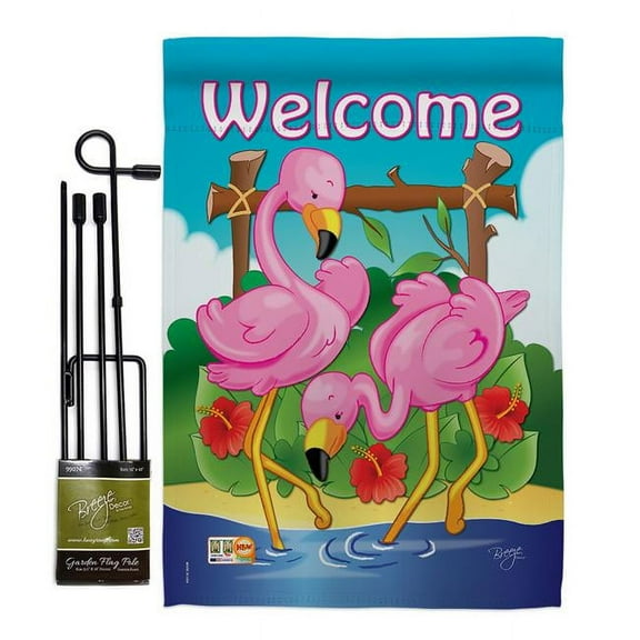 Breeze Decor BD-BI-GS-105029-IP-BO-D-US09-BD 13 x 18.5 in. Flamingos Garden Friends Birds Impressions Decorative Vertical Double Sided Flag Set with Banner Pole
