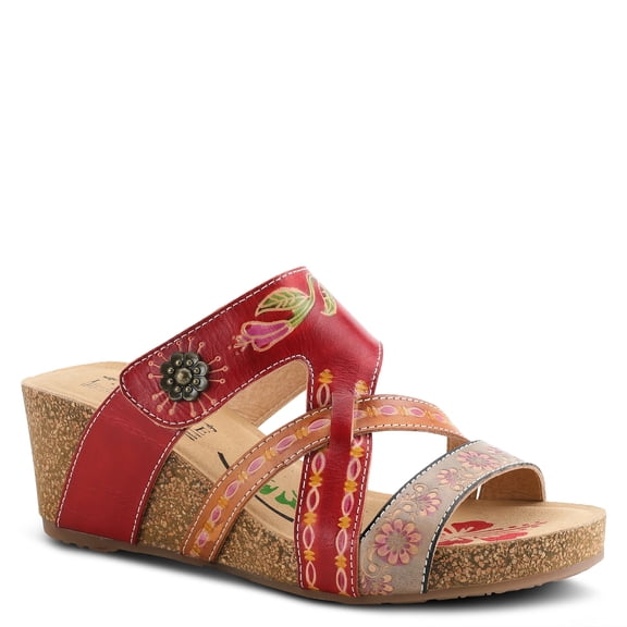 L'Artiste by Spring Step Women's Swan Slide Sandals Hand Painted Leather, Adjustable Straps, Floral Design, Wedge Heel, Hook & Loop, Open Toe