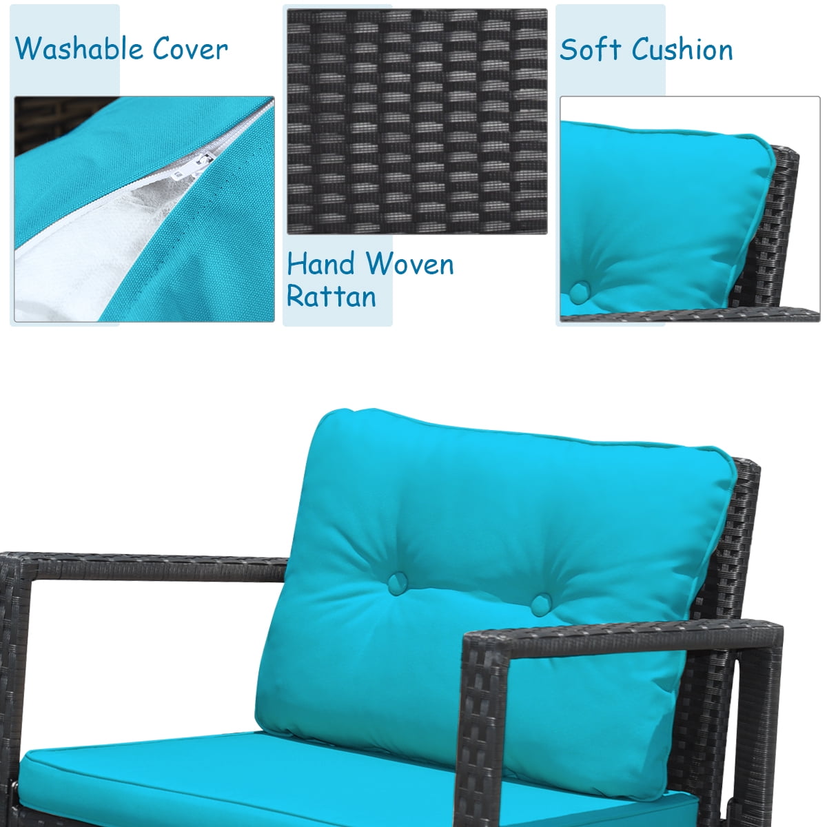 Costway 3PCS Patio Rattan Furniture Set Rocking Chairs Cushioned Conversation Set Blue