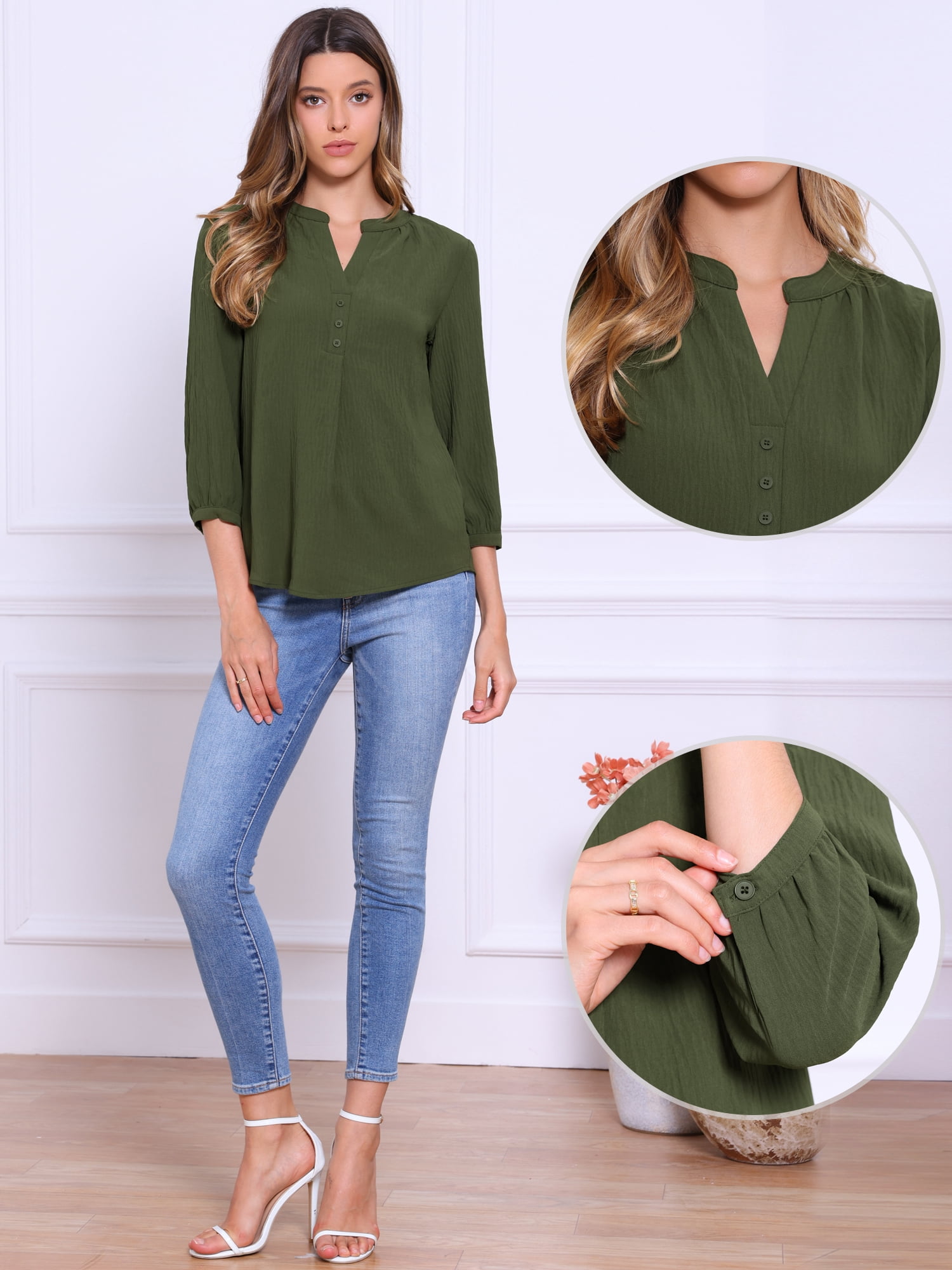DARING DIVA Women's Stylish 3/4 Sleeve Elbow Sleeve Blouse S Army Green