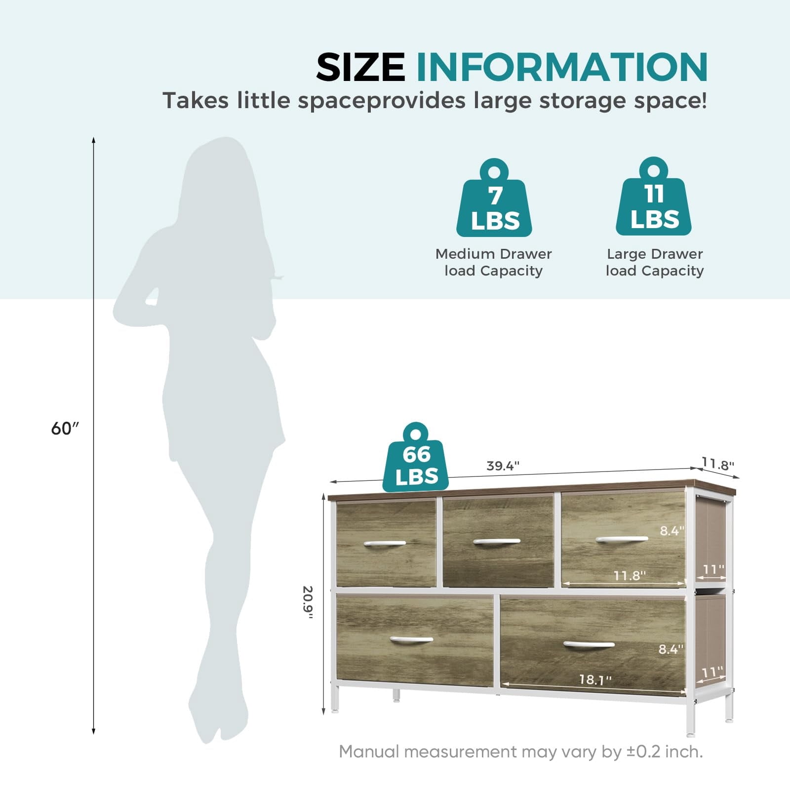 Telyra 5-Drawer Fabric Dresser TV Stand Organizer with Wood Top and Metal Frame, Oak Greige