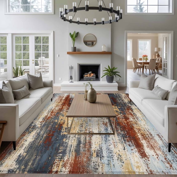 Brown Beige 8x10 Area Rug for Living Room Sectional Sofa, Gray Abstract Smoky Texture Distressed Mottled Ink Art Washable Non Slip Large Rectangle Area Rug
