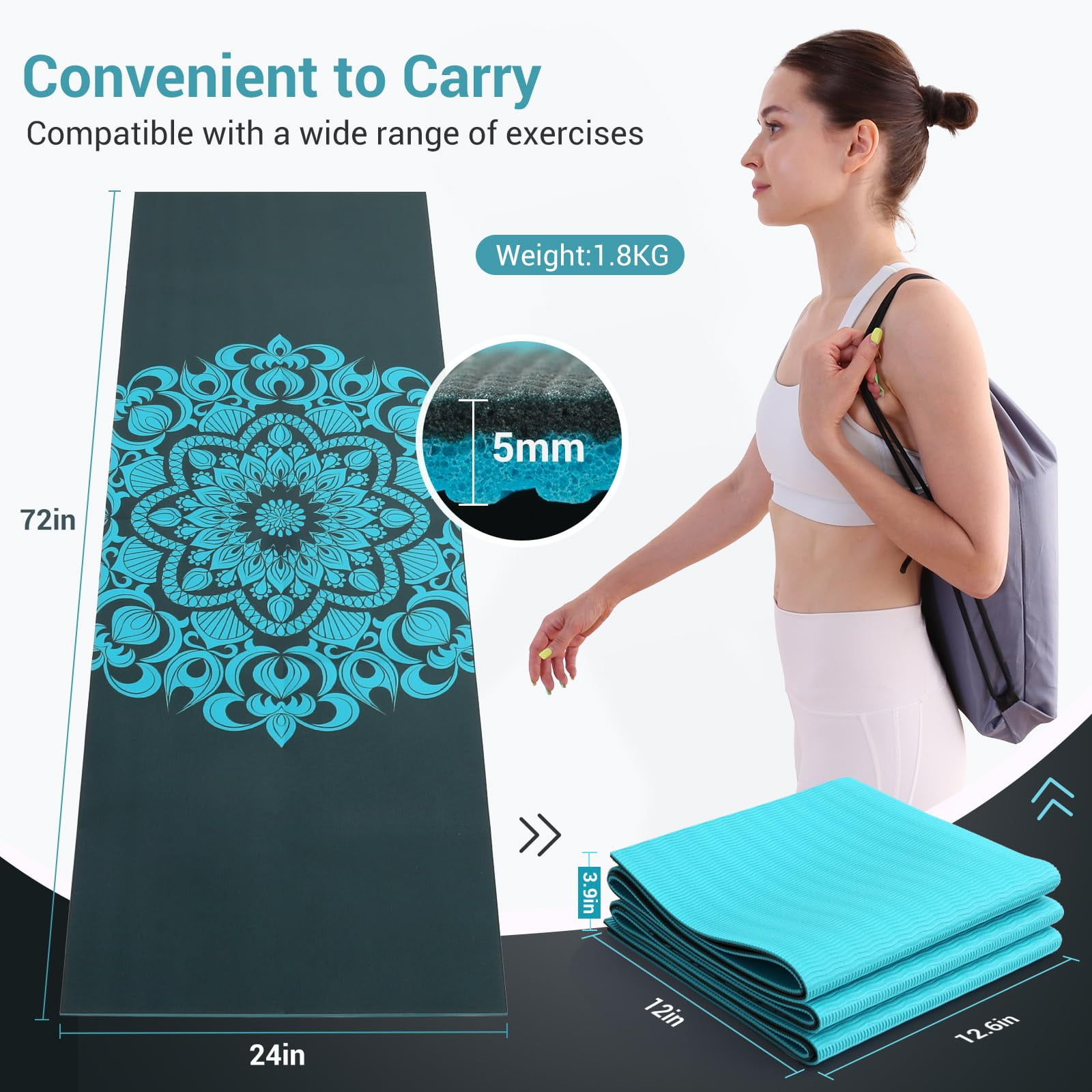 Avoalre Yoga Mat, Foldable 72" x 24" x 1/5" Thick Yoga Mat for Workout Fitness Pilates Stretching with Bag, Double Sided Non-Slip