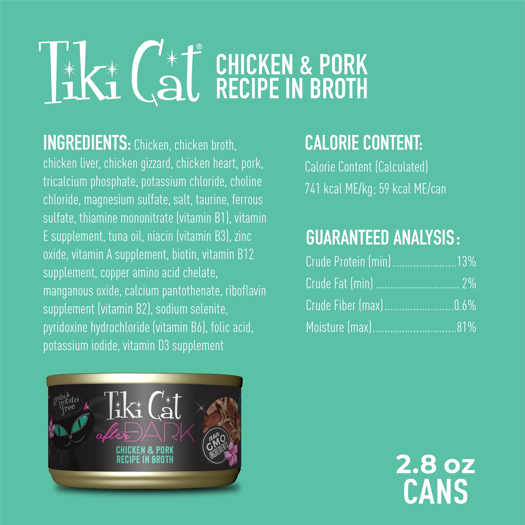 (24 pack) Tiki Cat After Dark Whole Foods Wet Cat Food, Chicken & Pork, 2.8 oz. Can