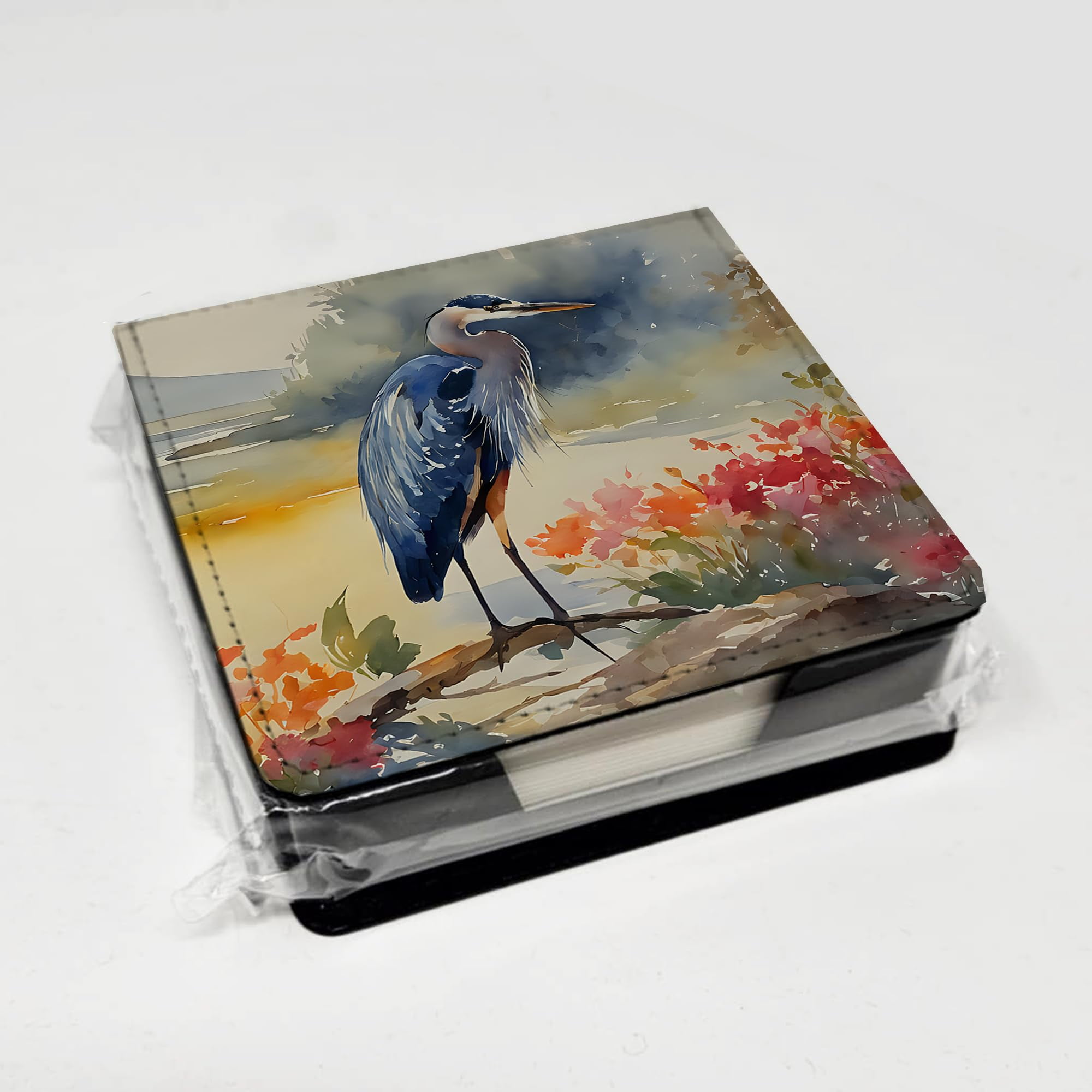Caroline's Treasures Blue Heron PU Leather Note Paper Holder with Artist-Designed Cover, Desk Accessory, Office Gift