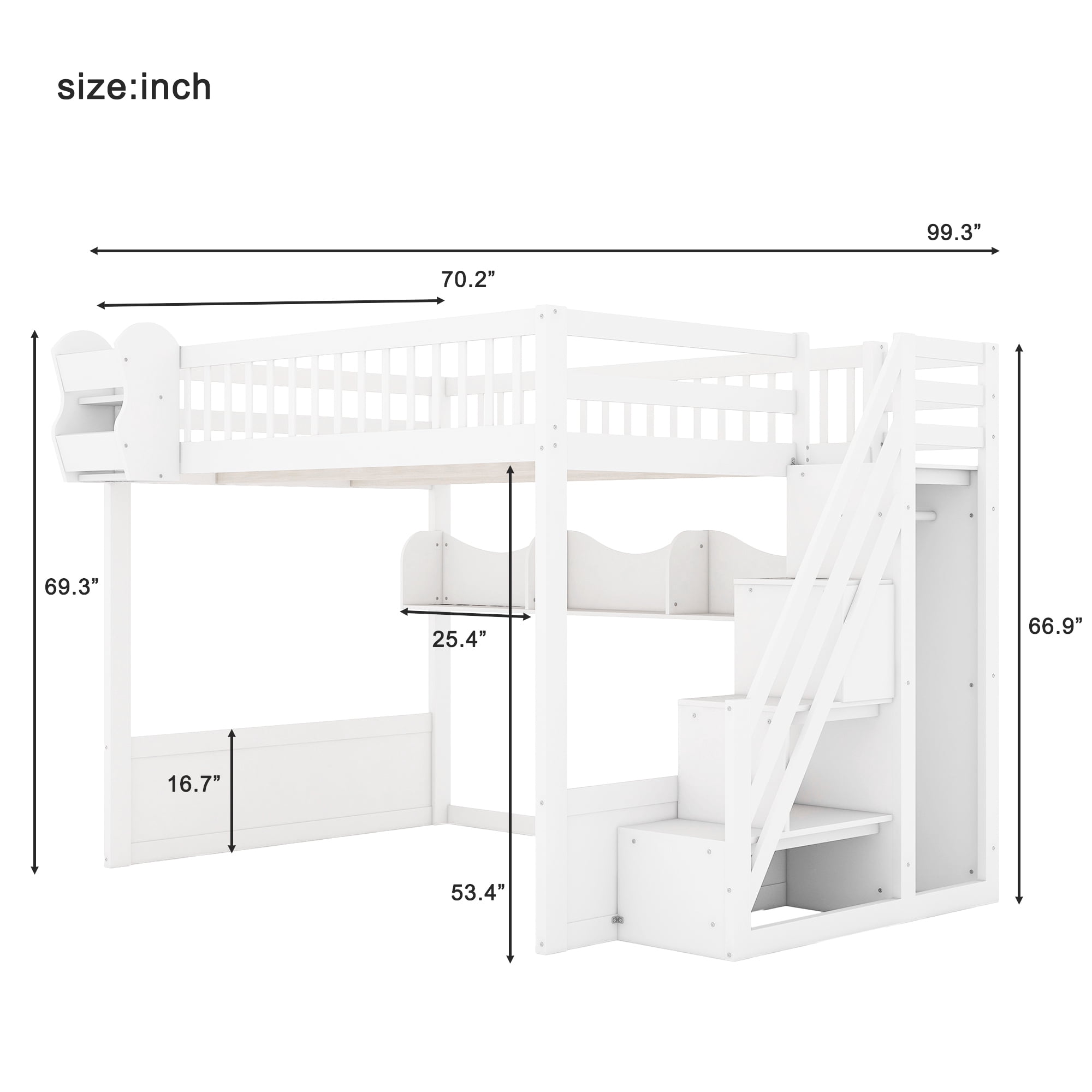 Euroco Wood Queen Size Loft Bed with Staircase and Wardrobe, Storage Bed with Cabinets and Shelves, White