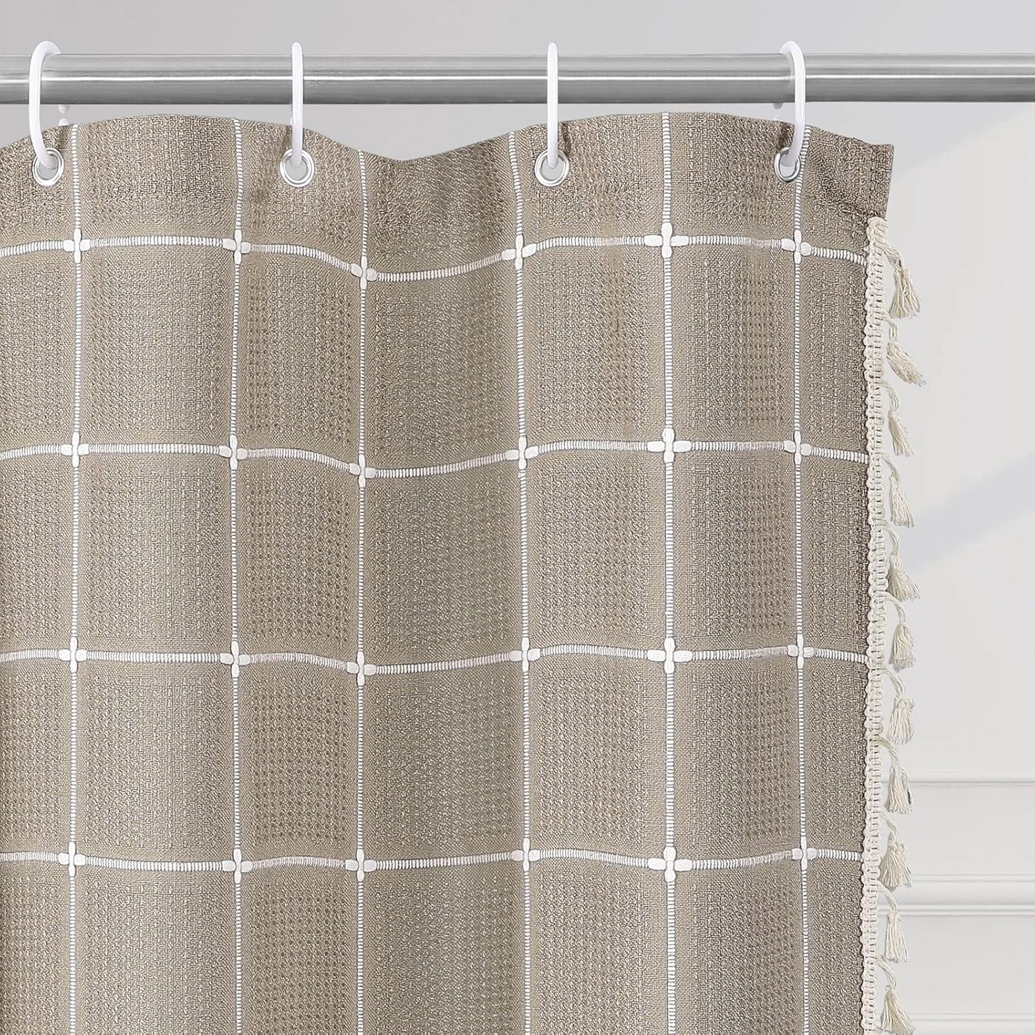 Zrodlmo Boho Farmhouse Shower Curtain with Hooks Rustic Cottagecore Fabric Bathroom Curtain with Tassels, 72" x 72", Coffee