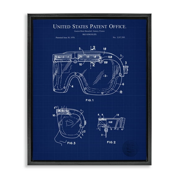 Stupell Industries Ski Goggles Blueprint Sports Painting Black Floater Framed Art Print Wall Art, 17 x 21