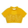 thumbnail image 3 of TiaoBug Kids Girls Sequins Mesh Splice Cutout Back Jazz Hip Hop Modern Dance Crop Tops Mock Neck Tee Blouse Gold 14, 3 of 5