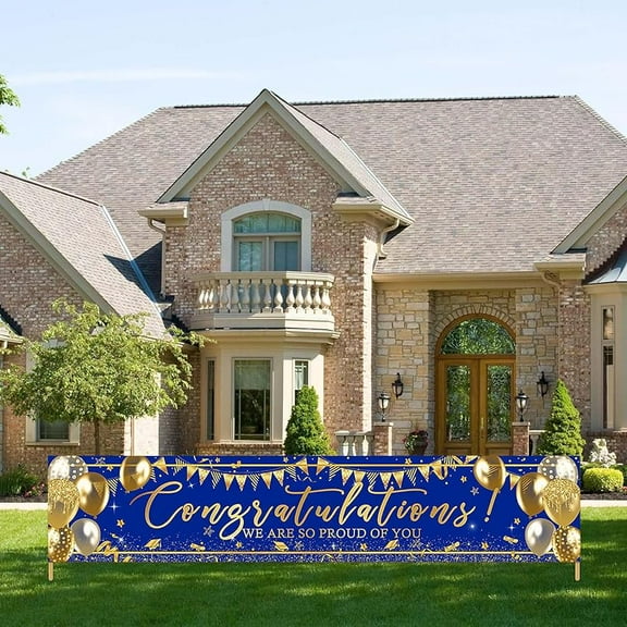 Avezano Graduation Decoration Banner Blue and Gold Graduation 2025 Banner Sign Gold Glitter Congrats Grad Yard Banner Graduation Party Supplies 98.4 x 19.6 Inch (Royal Blue)